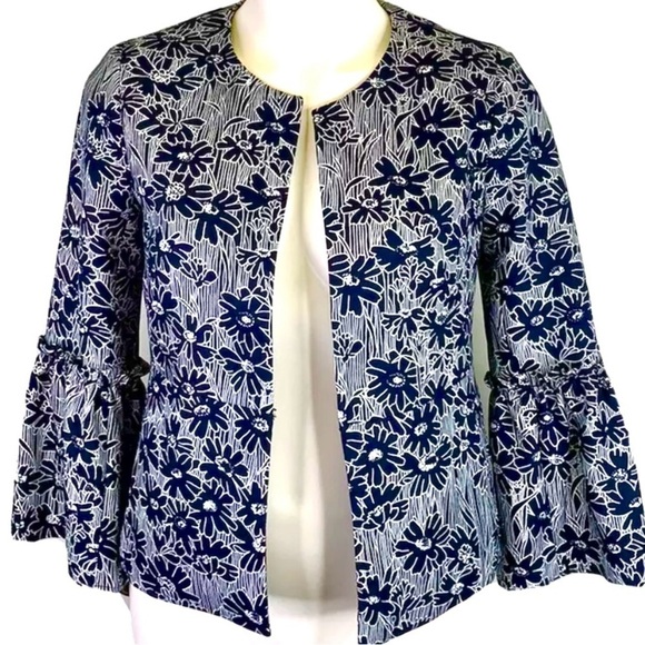 Banana Republic Factory Open Blazer Navy Floral print Bell Sleeves Size 4 Classy - Picture 12 of 12